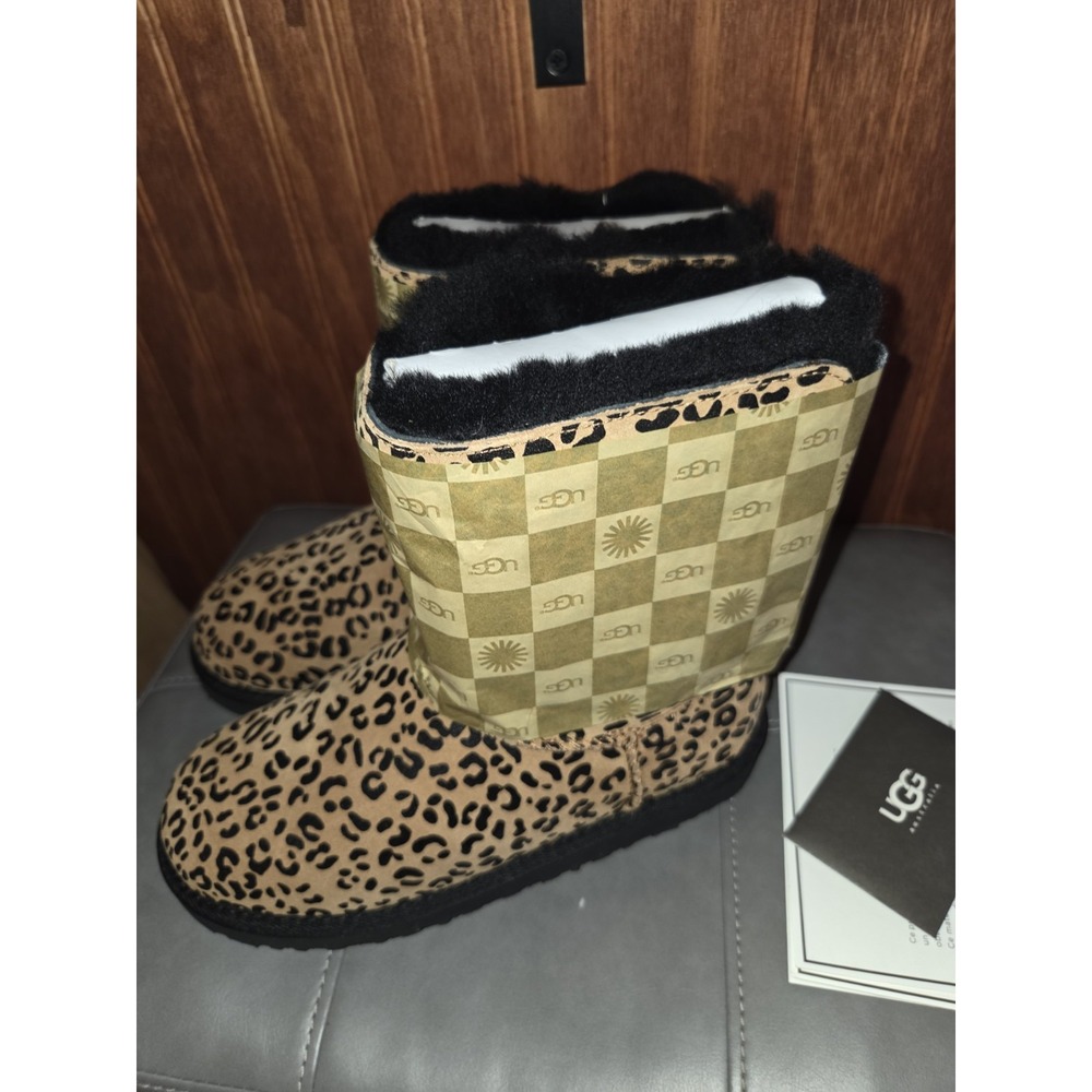 Ugg Australia K Bailey Bow Leopard Print Sheepskin Leather Boots